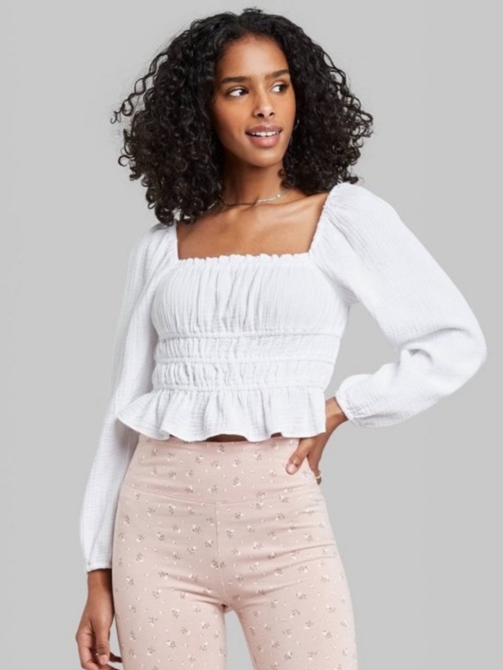 Wild Fable White Square-Neck Smocked Waist Blouse